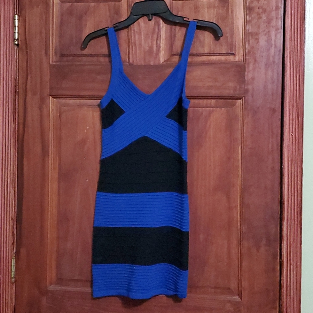JUNO blue and black striped bandage mini dress
